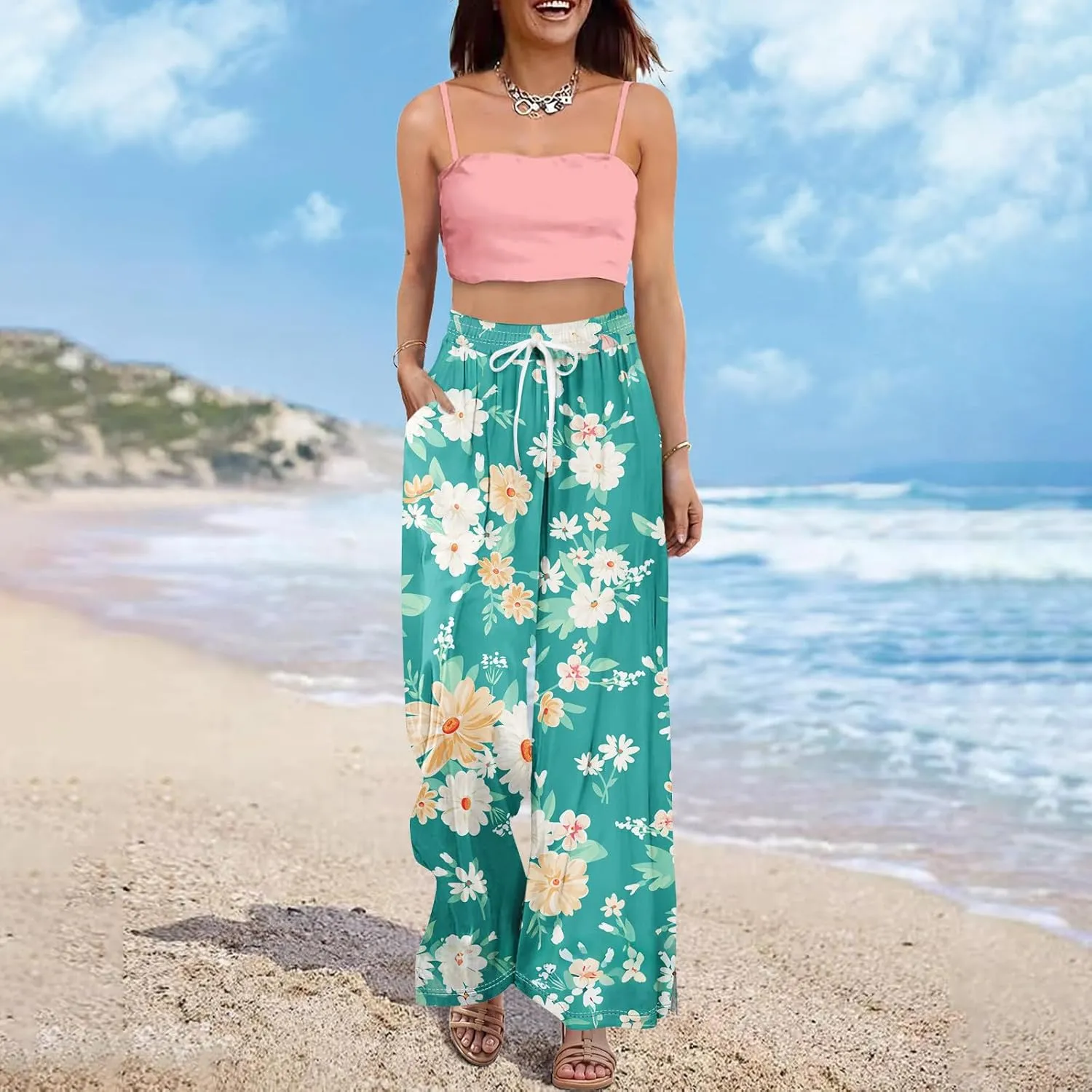 GOFULY Wide Leg Flowy Pants for Women Summer 2025 Beach Palazzo Pants High Elastic Waist Drawstring Side Slit Pockets Trouser