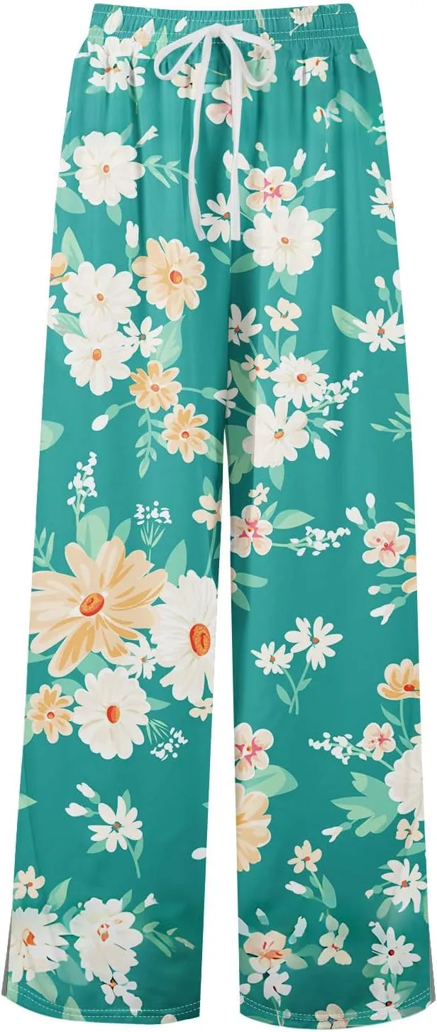 GOFULY Wide Leg Flowy Pants for Women Summer 2025 Beach Palazzo Pants High Elastic Waist Drawstring Side Slit Pockets Trouser