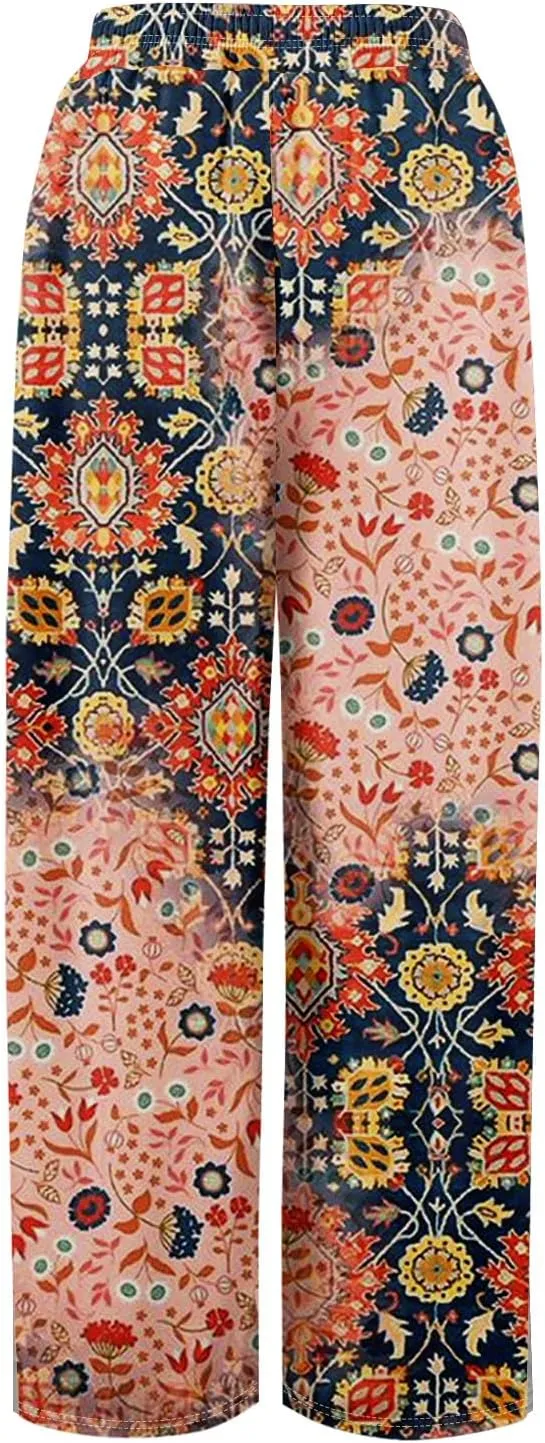 GOFULY Wide Leg Pants for Women Summer Floral Print High Waistd Pants Elastic Waist Drawstring Side Slit Pockets Trousers