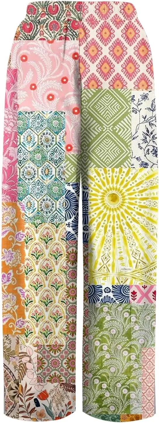 GOFULY Wide Leg Pants for Women Summer Floral Print High Waistd Pants Elastic Waist Drawstring Side Slit Pockets Trousers