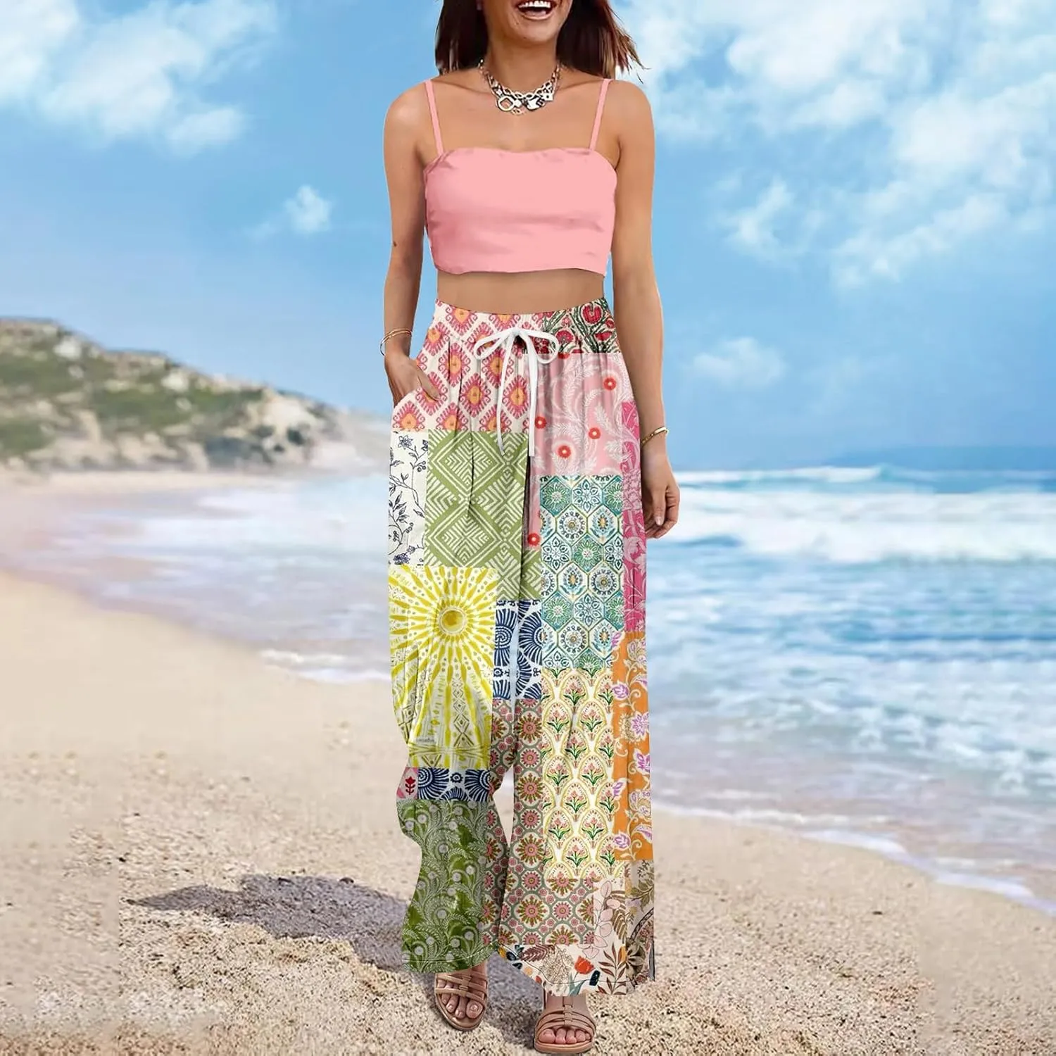 GOFULY Wide Leg Pants for Women Summer Floral Print High Waistd Pants Elastic Waist Drawstring Side Slit Pockets Trousers
