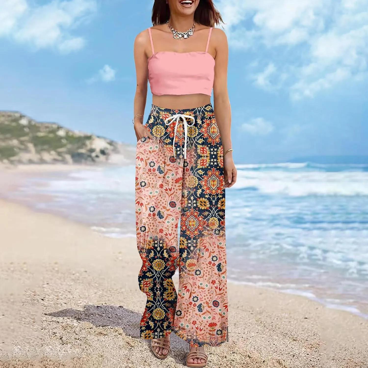 GOFULY Wide Leg Pants for Women Summer Floral Print High Waistd Pants Elastic Waist Drawstring Side Slit Pockets Trousers