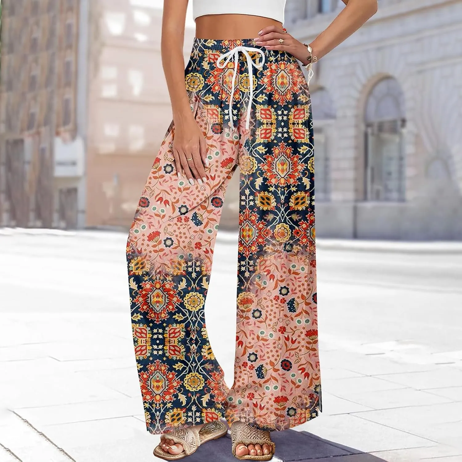 GOFULY Wide Leg Pants for Women Summer Floral Print High Waistd Pants Elastic Waist Drawstring Side Slit Pockets Trousers