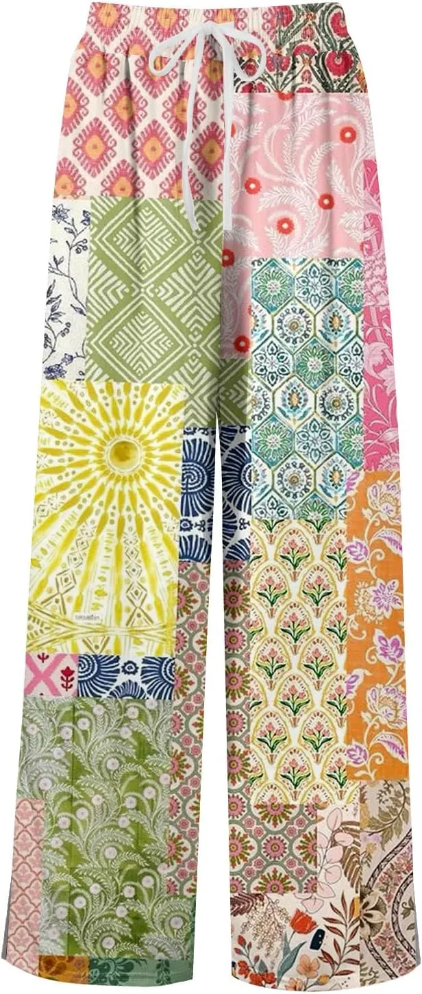 GOFULY Wide Leg Pants for Women Summer Floral Print High Waistd Pants Elastic Waist Drawstring Side Slit Pockets Trousers