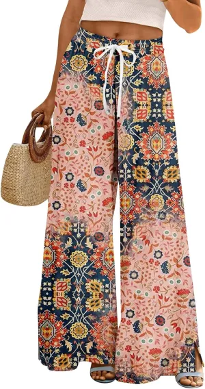 GOFULY Wide Leg Pants for Women Summer Floral Print High Waistd Pants Elastic Waist Drawstring Side Slit Pockets Trousers