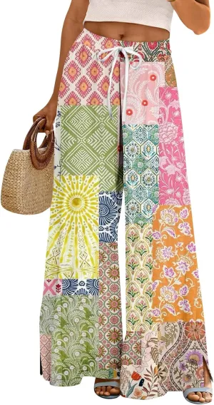 GOFULY Wide Leg Pants for Women Summer Floral Print High Waistd Pants Elastic Waist Drawstring Side Slit Pockets Trousers