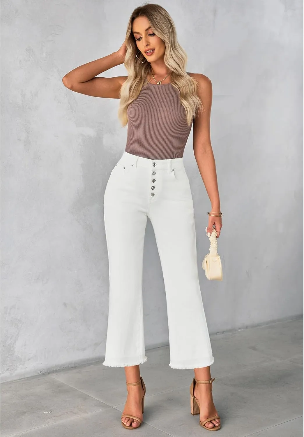 GRAPENT Capri Jeans for Women Trendy High Waisted Wide Leg Flare Button Fly Stretchy Denim Pants Raw Hem Cropped Jeans