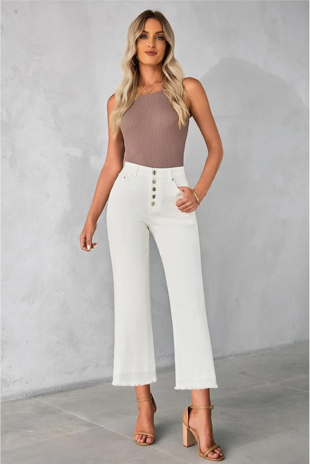 GRAPENT Capri Jeans for Women Trendy High Waisted Wide Leg Flare Button Fly Stretchy Denim Pants Raw Hem Cropped Jeans
