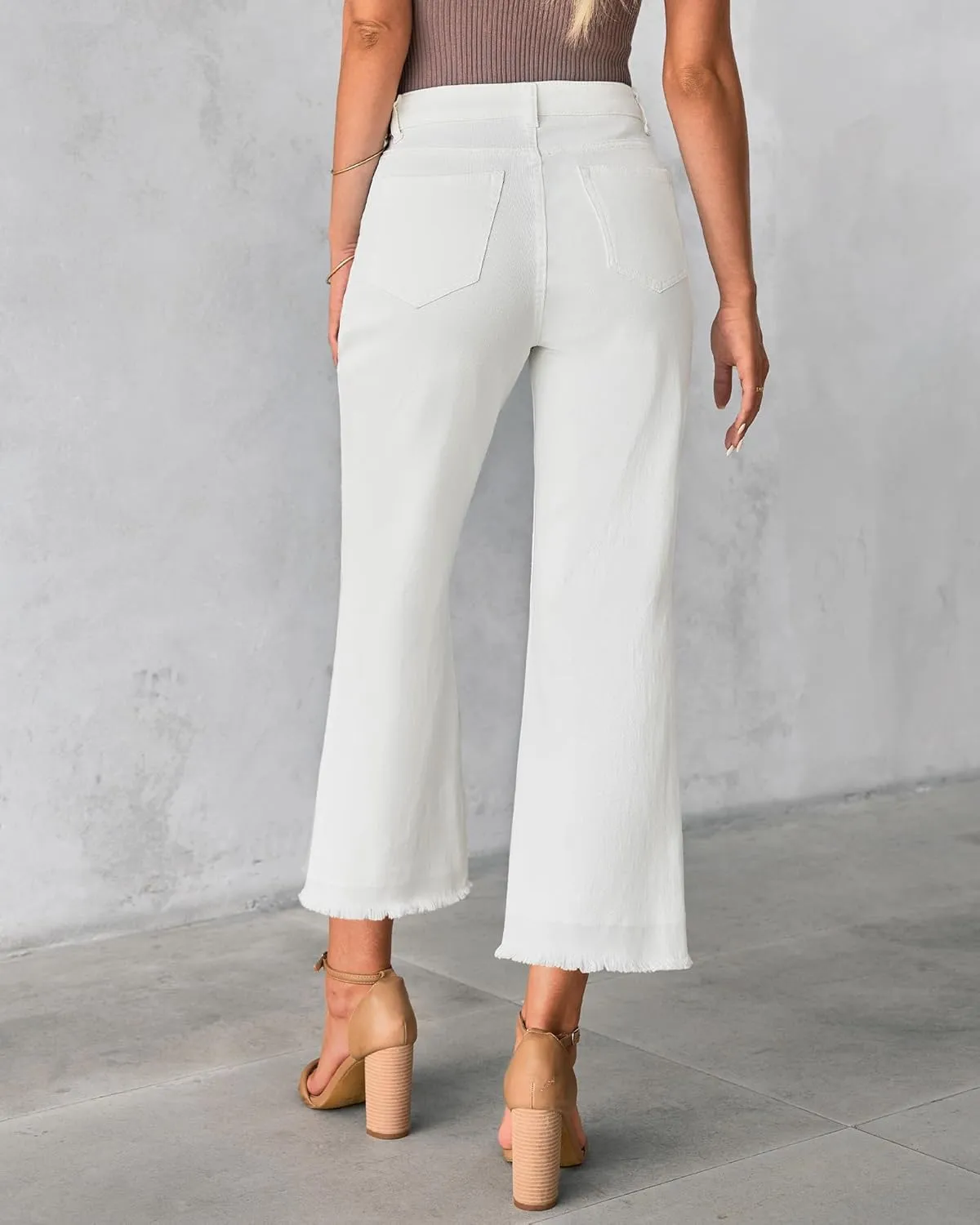 GRAPENT Capri Jeans for Women Trendy High Waisted Wide Leg Flare Button Fly Stretchy Denim Pants Raw Hem Cropped Jeans