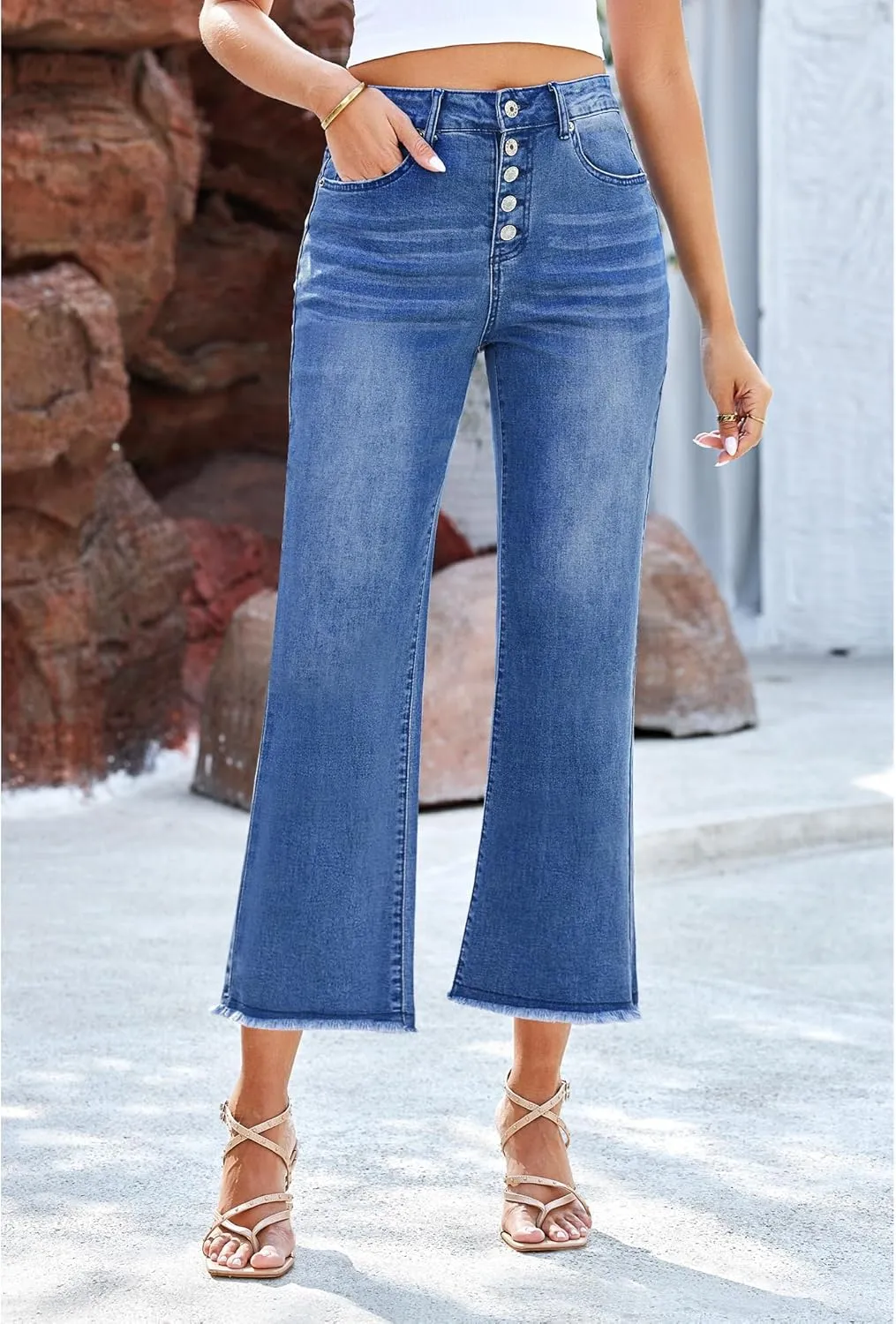 GRAPENT Capri Jeans for Women Trendy High Waisted Wide Leg Flare Button Fly Stretchy Denim Pants Raw Hem Cropped Jeans