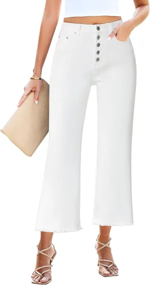 GRAPENT Capri Jeans for Women Trendy High Waisted Wide Leg Flare Button Fly Stretchy Denim Pants Raw Hem Cropped Jeans