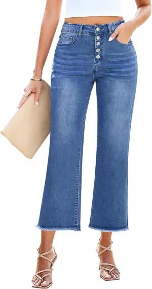GRAPENT Capri Jeans for Women Trendy High Waisted Wide Leg Flare Button Fly Stretchy Denim Pants Raw Hem Cropped Jeans