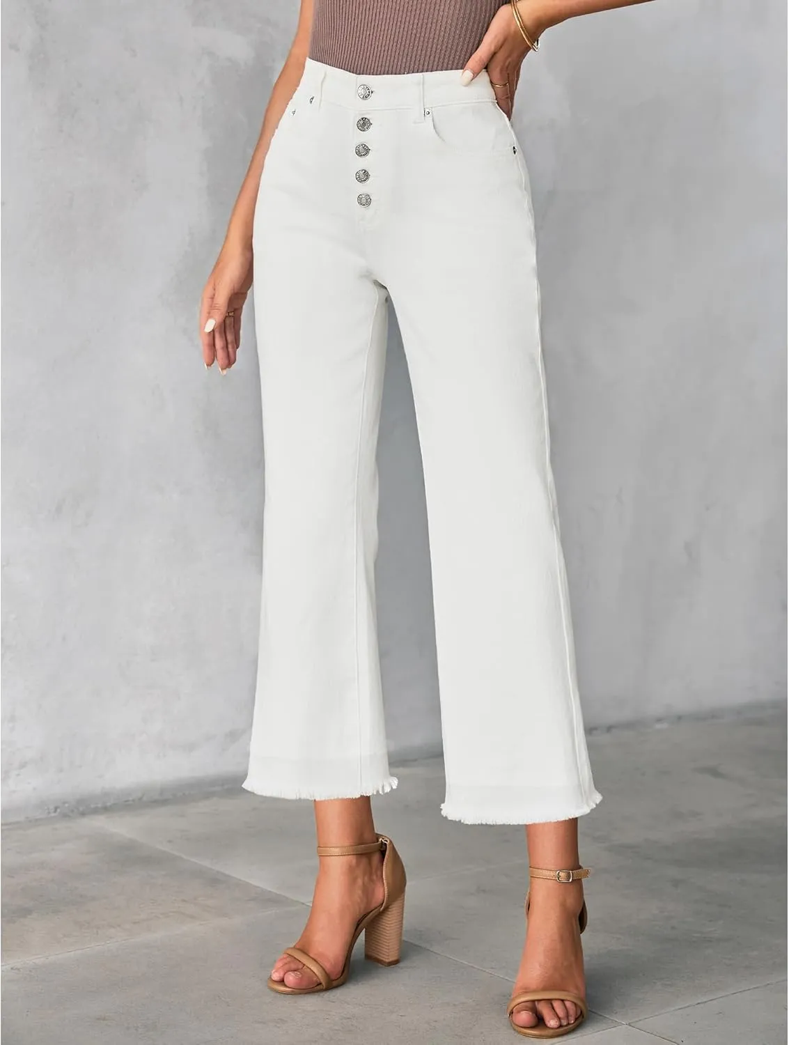 GRAPENT Capri Jeans for Women Trendy High Waisted Wide Leg Flare Button Fly Stretchy Denim Pants Raw Hem Cropped Jeans