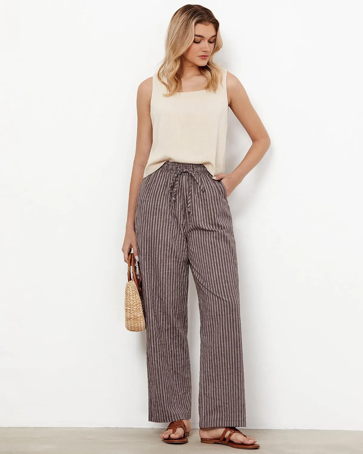 GRAPENT Striped Pants for Women High Waisted Wide Leg Cotton Linen Trendy Beach Pull On Elastic Waist Casual Flowy Pants