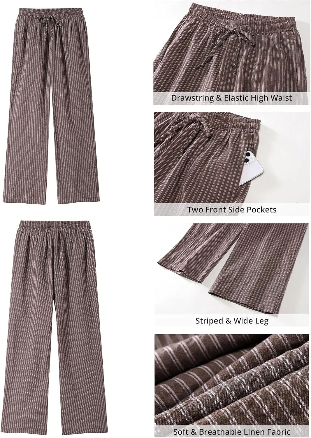 GRAPENT Striped Pants for Women High Waisted Wide Leg Cotton Linen Trendy Beach Pull On Elastic Waist Casual Flowy Pants