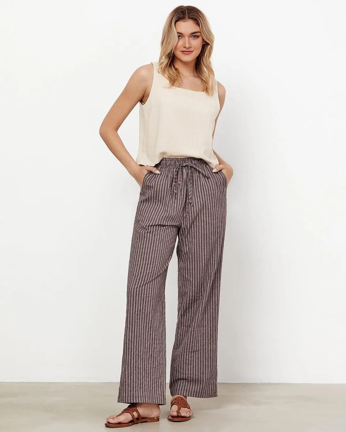 GRAPENT Striped Pants for Women High Waisted Wide Leg Cotton Linen Trendy Beach Pull On Elastic Waist Casual Flowy Pants
