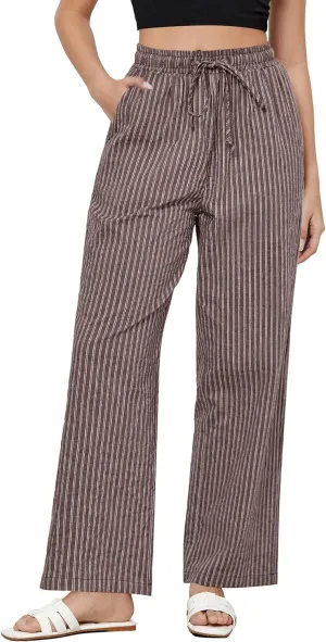 GRAPENT Striped Pants for Women High Waisted Wide Leg Cotton Linen Trendy Beach Pull On Elastic Waist Casual Flowy Pants
