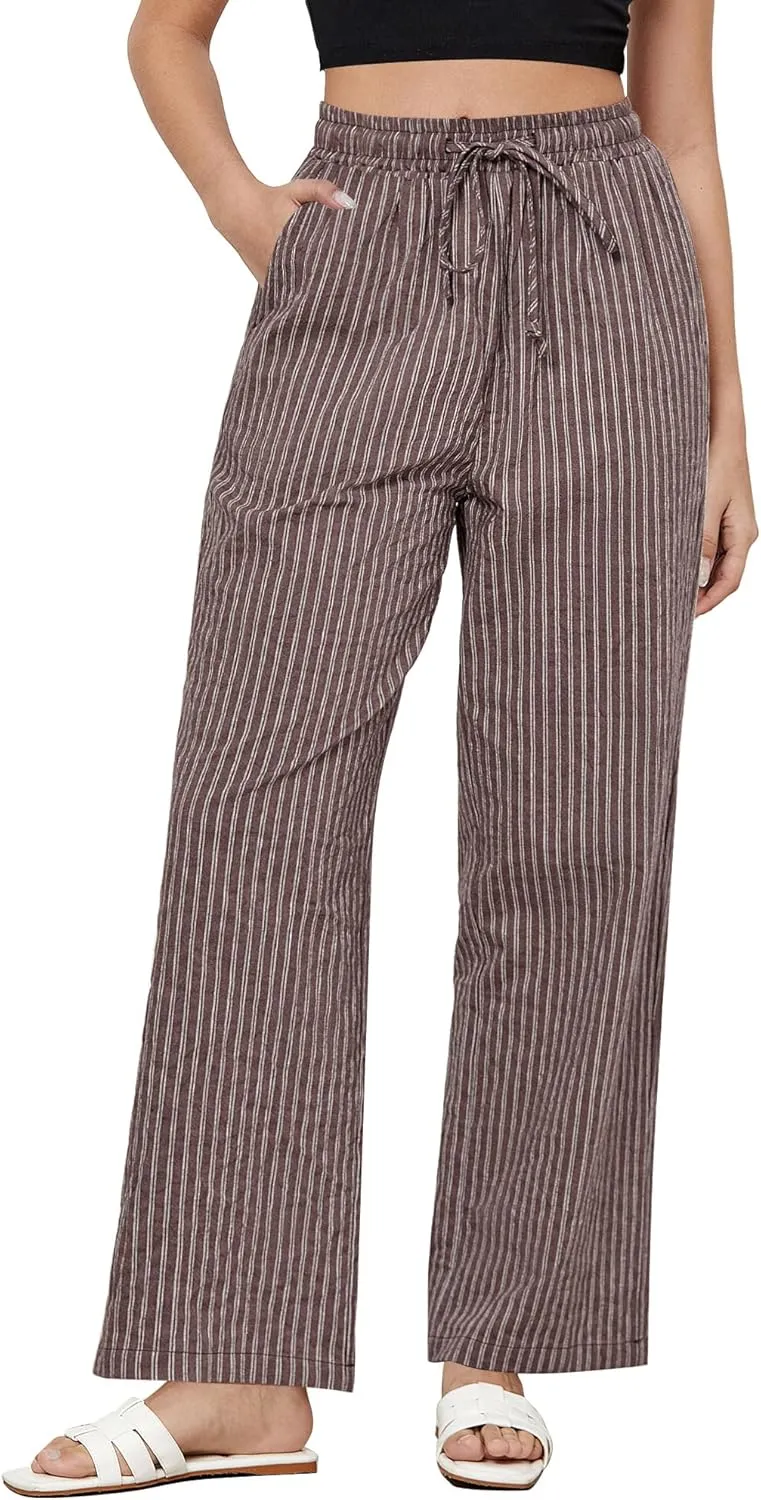 GRAPENT Striped Pants for Women High Waisted Wide Leg Cotton Linen Trendy Beach Pull On Elastic Waist Casual Flowy Pants