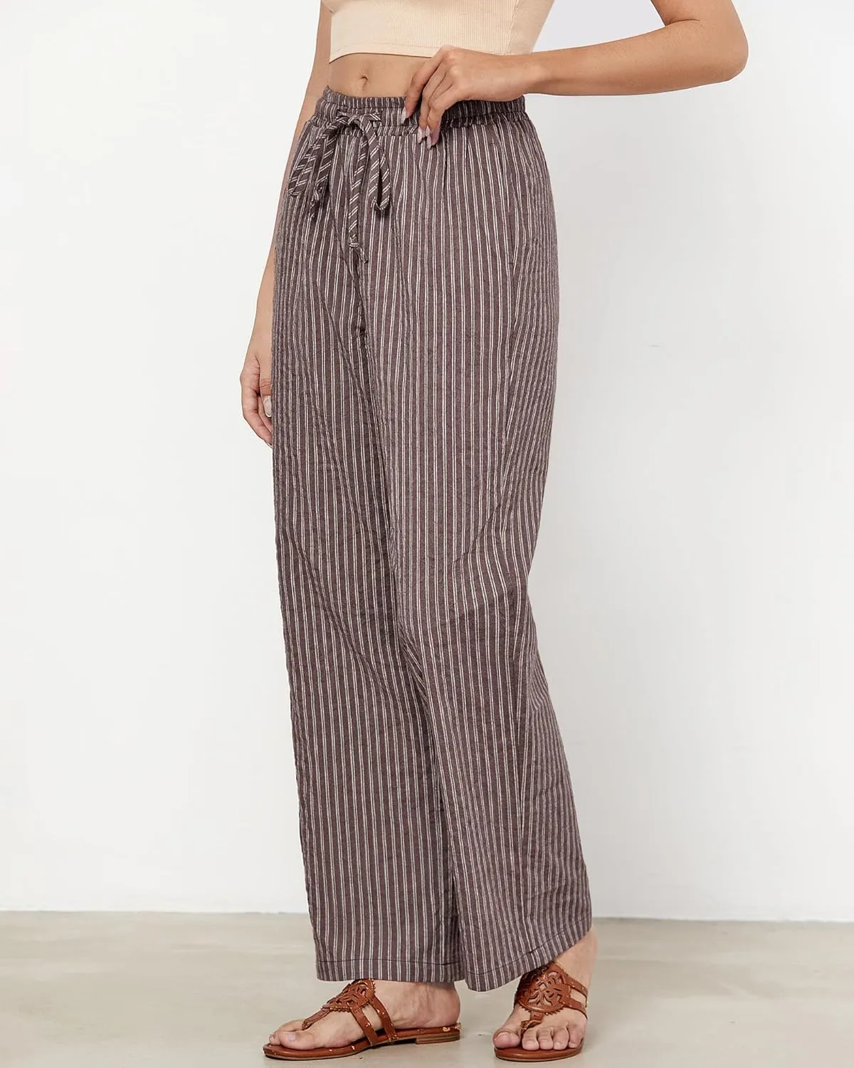 GRAPENT Striped Pants for Women High Waisted Wide Leg Cotton Linen Trendy Beach Pull On Elastic Waist Casual Flowy Pants