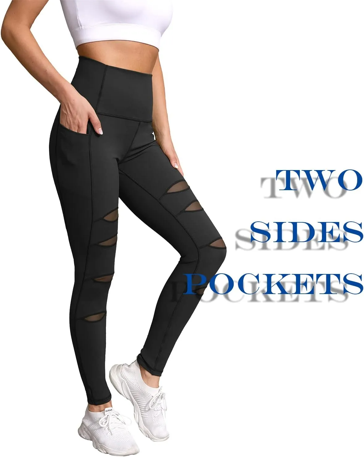 H HIAMIGOS Women's High Waist Ripped Gym Leggings with Phone Pocket Yoga Pants Workout Fitness Running Skinny Trousers