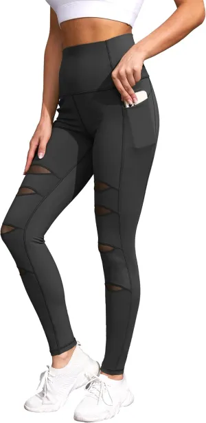 H HIAMIGOS Women's High Waist Ripped Gym Leggings with Phone Pocket Yoga Pants Workout Fitness Running Skinny Trousers