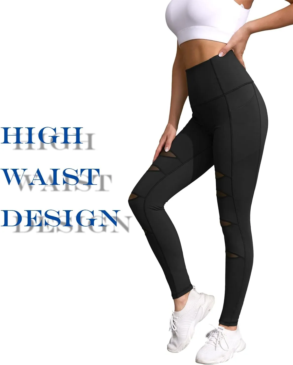 H HIAMIGOS Women's High Waist Ripped Gym Leggings with Phone Pocket Yoga Pants Workout Fitness Running Skinny Trousers