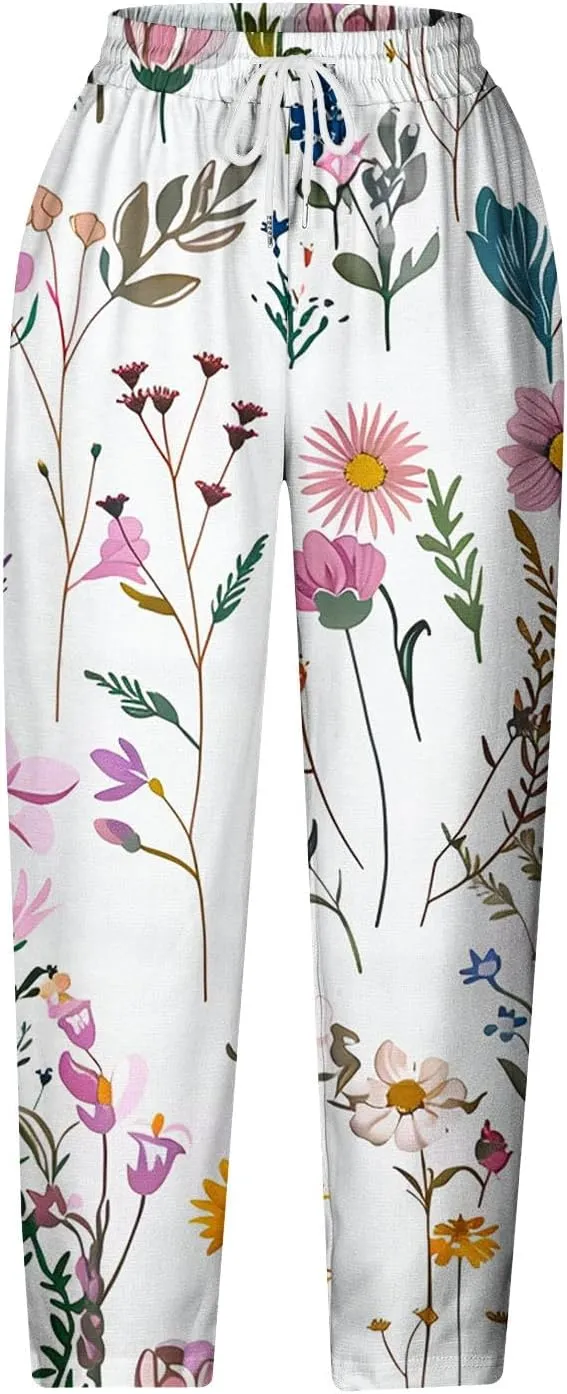 Hawaii Capri Pants for Women Casual Tropical Floral Print Pants Elastic High Waist Drawstring Summer Beach Trousers