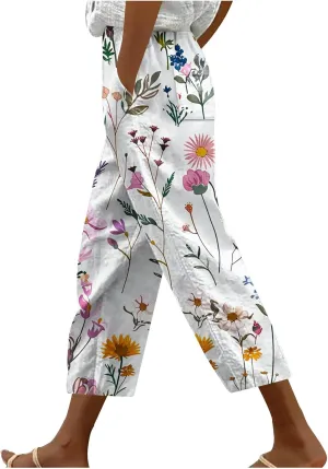 Hawaii Capri Pants for Women Casual Tropical Floral Print Pants Elastic High Waist Drawstring Summer Beach Trousers