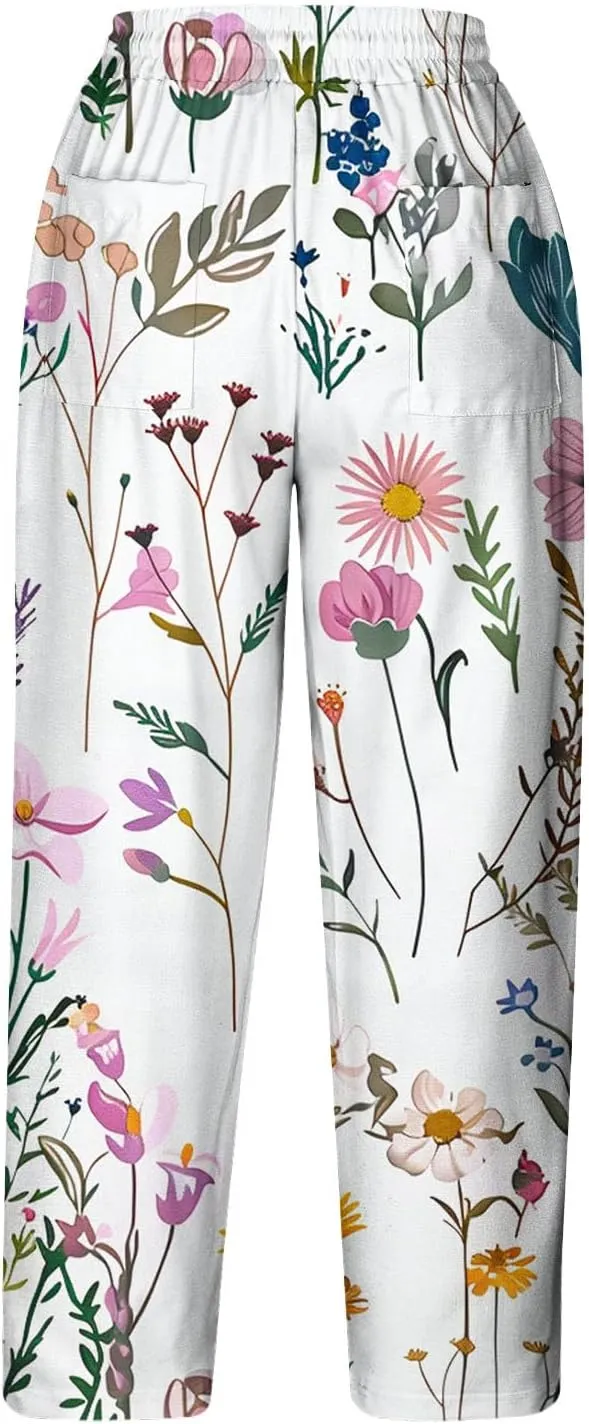 Hawaii Capri Pants for Women Casual Tropical Floral Print Pants Elastic High Waist Drawstring Summer Beach Trousers