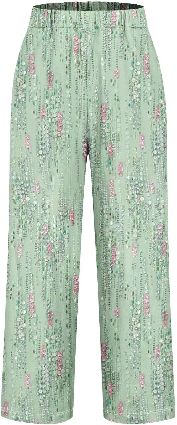 Hawaii Capri Pants Womens Casual Boho Tropical Floral Print Slacks Elastic High Waist Drawstring Summer Beach Trousers