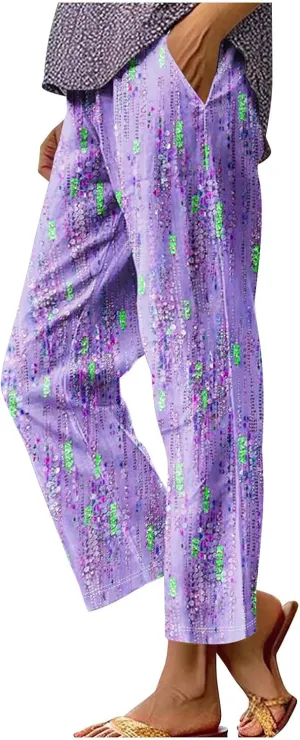 Hawaii Capri Pants Womens Casual Boho Tropical Floral Print Slacks Elastic High Waist Drawstring Summer Beach Trousers