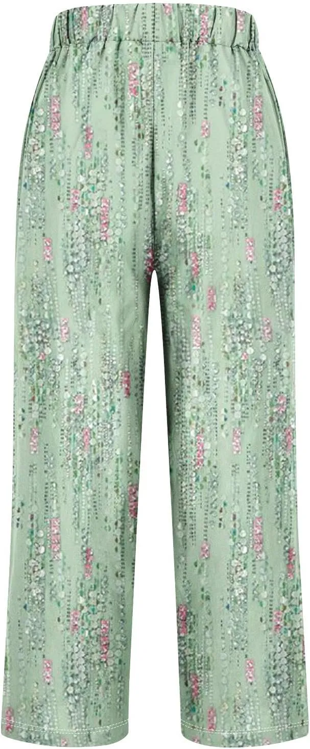 Hawaii Capri Pants Womens Casual Boho Tropical Floral Print Slacks Elastic High Waist Drawstring Summer Beach Trousers