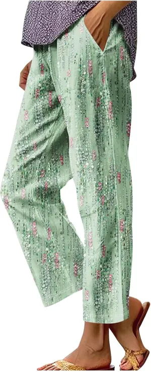 Hawaii Capri Pants Womens Casual Boho Tropical Floral Print Slacks Elastic High Waist Drawstring Summer Beach Trousers