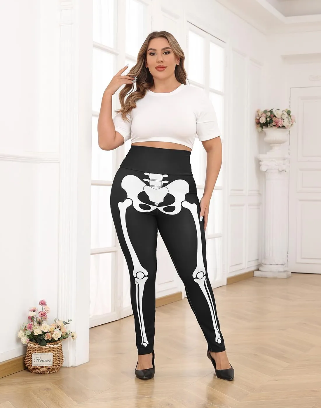 HDE Womens Plus Size Graphic Legging High Waist Stretch Halloween Costume Tights