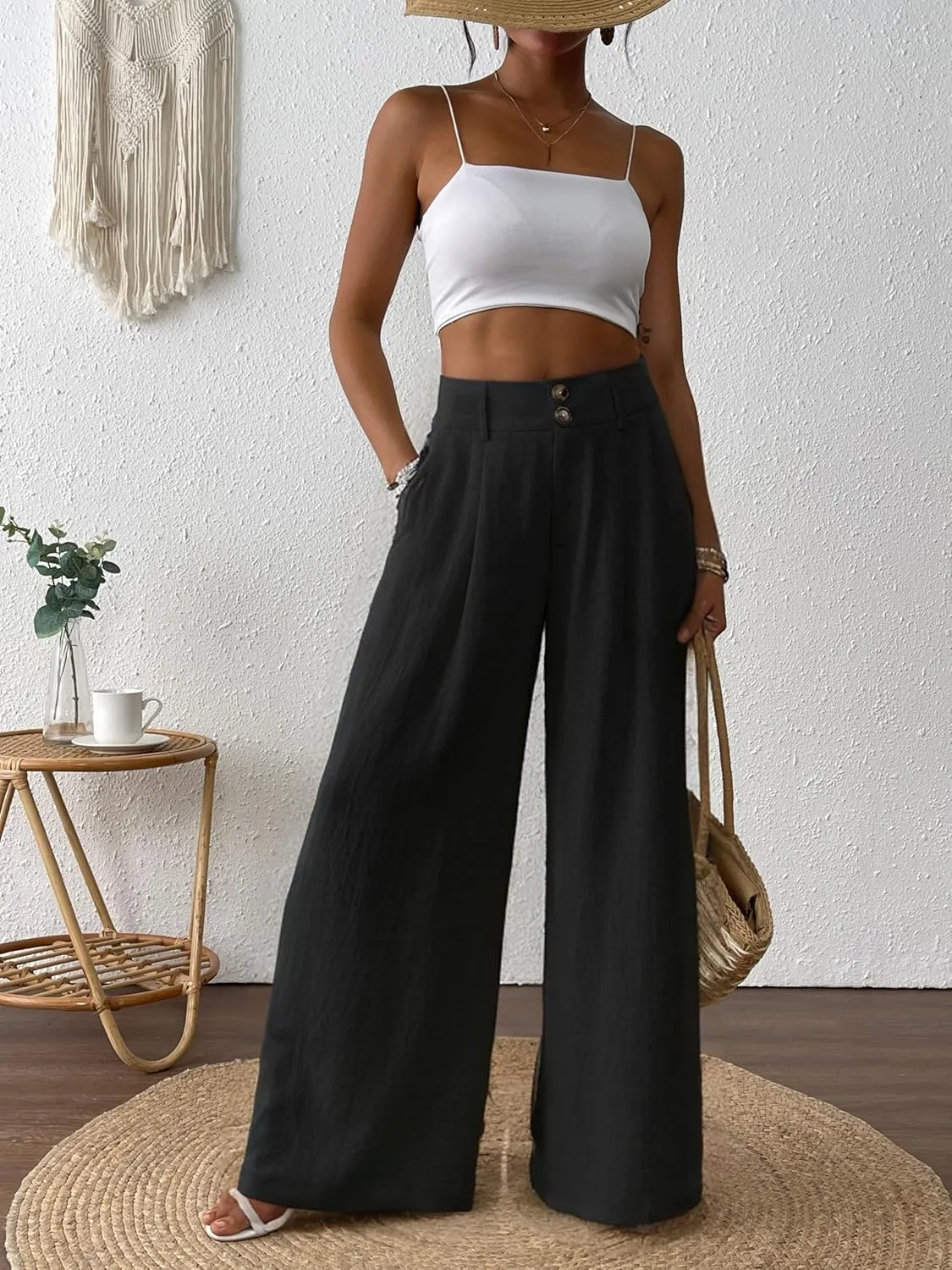 heipeiwa Women's Linen Pants Summer Wide Leg Palazzo Pants Business Casual Loose Dress Vacation Beach Trouser