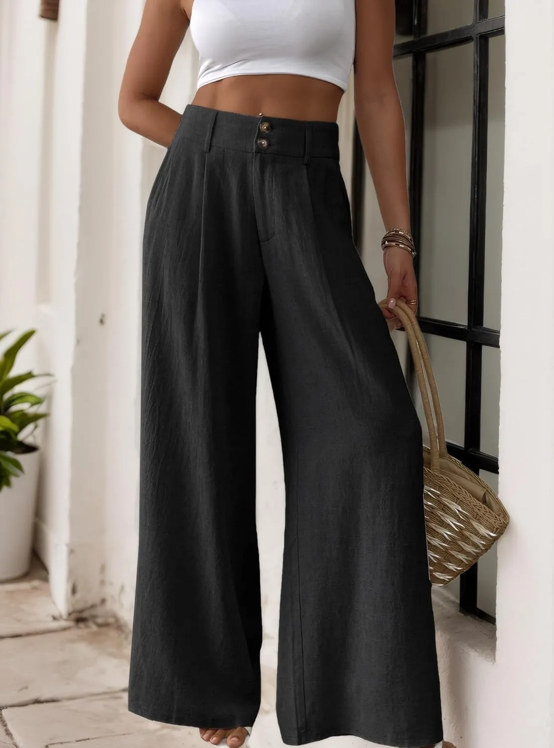 heipeiwa Women's Linen Pants Summer Wide Leg Palazzo Pants Business Casual Loose Dress Vacation Beach Trouser