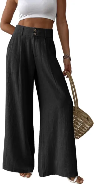 heipeiwa Women's Linen Pants Summer Wide Leg Palazzo Pants Business Casual Loose Dress Vacation Beach Trouser