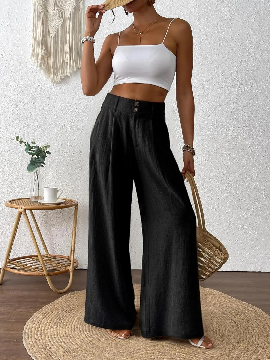 heipeiwa Women's Linen Pants Summer Wide Leg Palazzo Pants Business Casual Loose Dress Vacation Beach Trouser