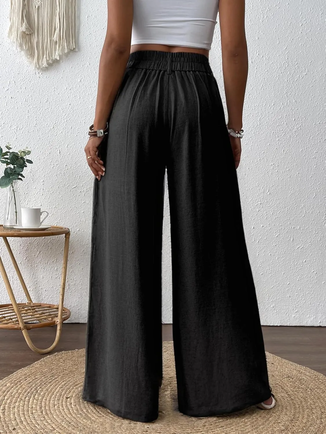 heipeiwa Women's Linen Pants Summer Wide Leg Palazzo Pants Business Casual Loose Dress Vacation Beach Trouser