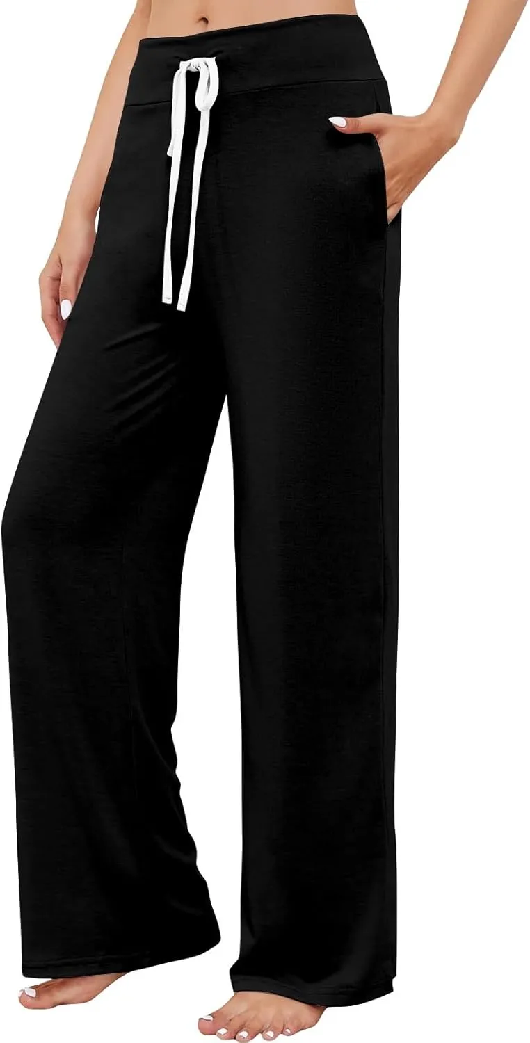 High Waist Wide Leg Sweatpants Women - Stretchy Athletic Adjustable Drawstring Loose Fit Lounge Pants with Pockets