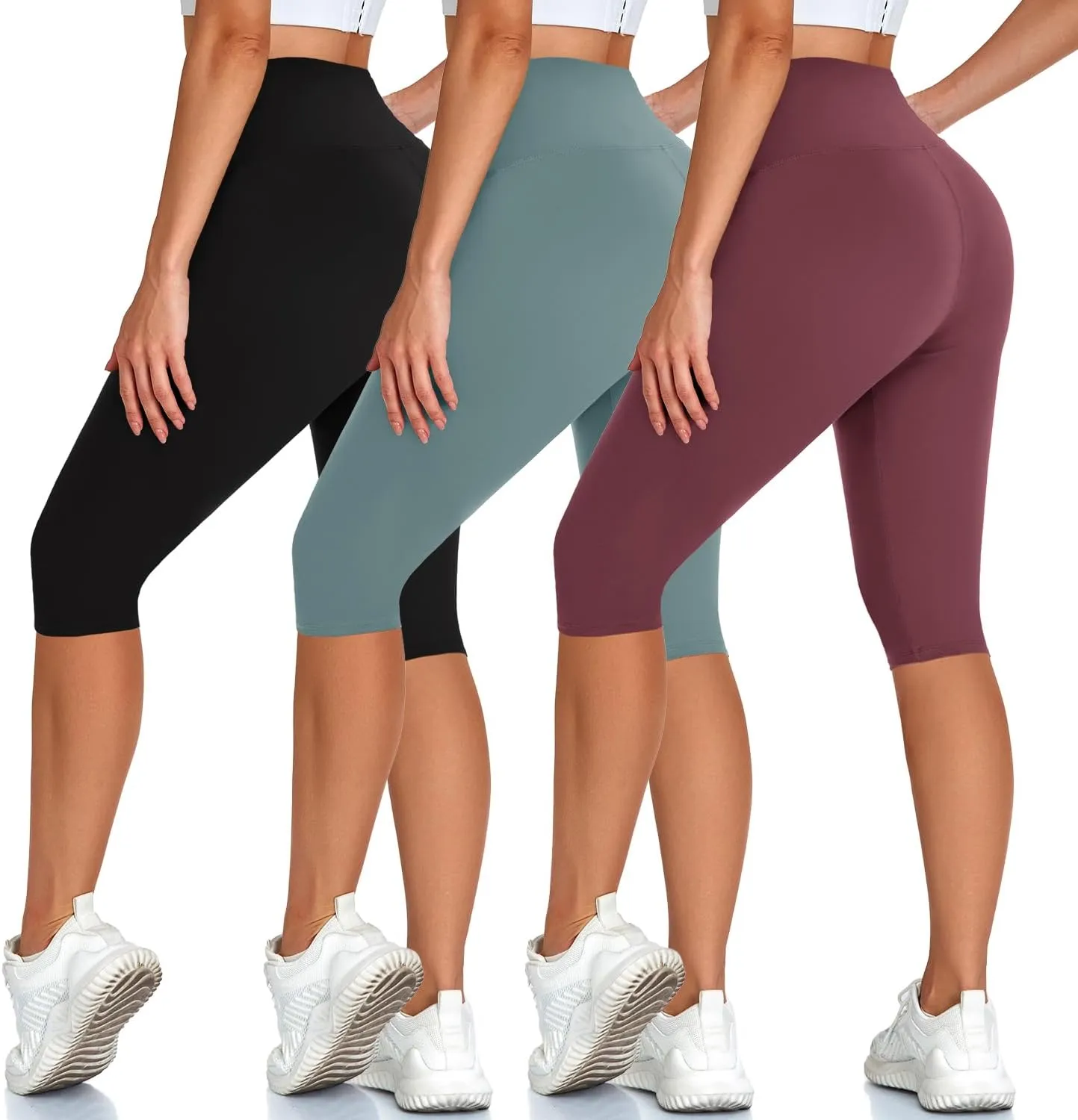 High Waisted 3 Pack Women's Capri Pants - Knee Length Yoga Shorts, Biker Workout Leggings for Women,Summer Activewear