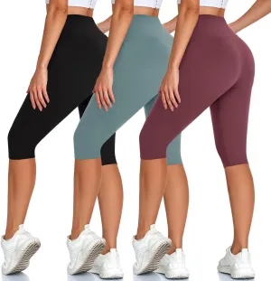 High Waisted 3 Pack Women's Capri Pants - Knee Length Yoga Shorts, Biker Workout Leggings for Women,Summer Activewear