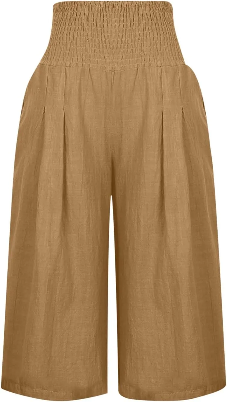 High Waisted Capri Pants for Women Casual Summer Wide Leg Cotton Linen Pant Beach Cropped Trousers Resort Wear