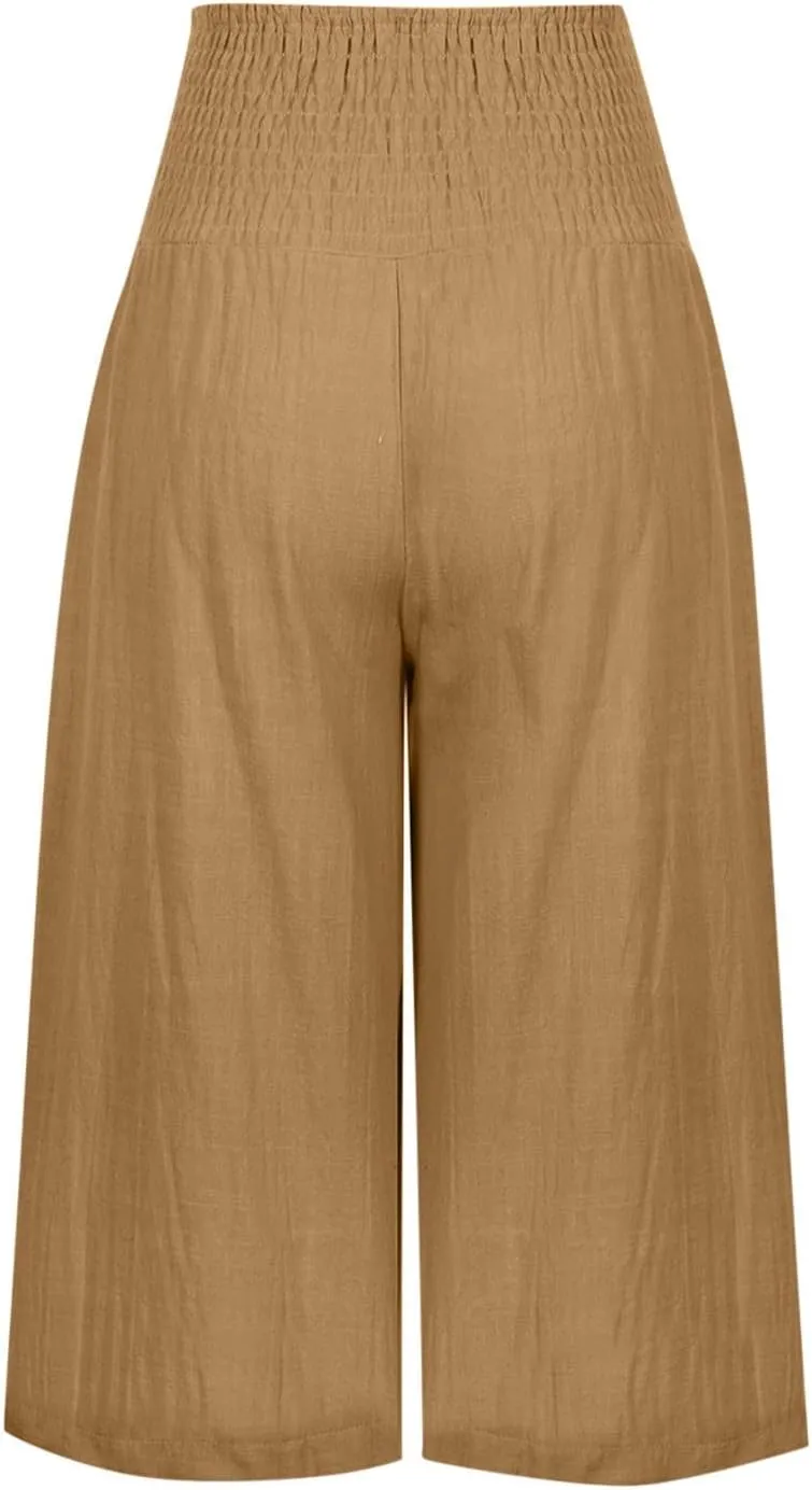 High Waisted Capri Pants for Women Casual Summer Wide Leg Cotton Linen Pant Beach Cropped Trousers Resort Wear