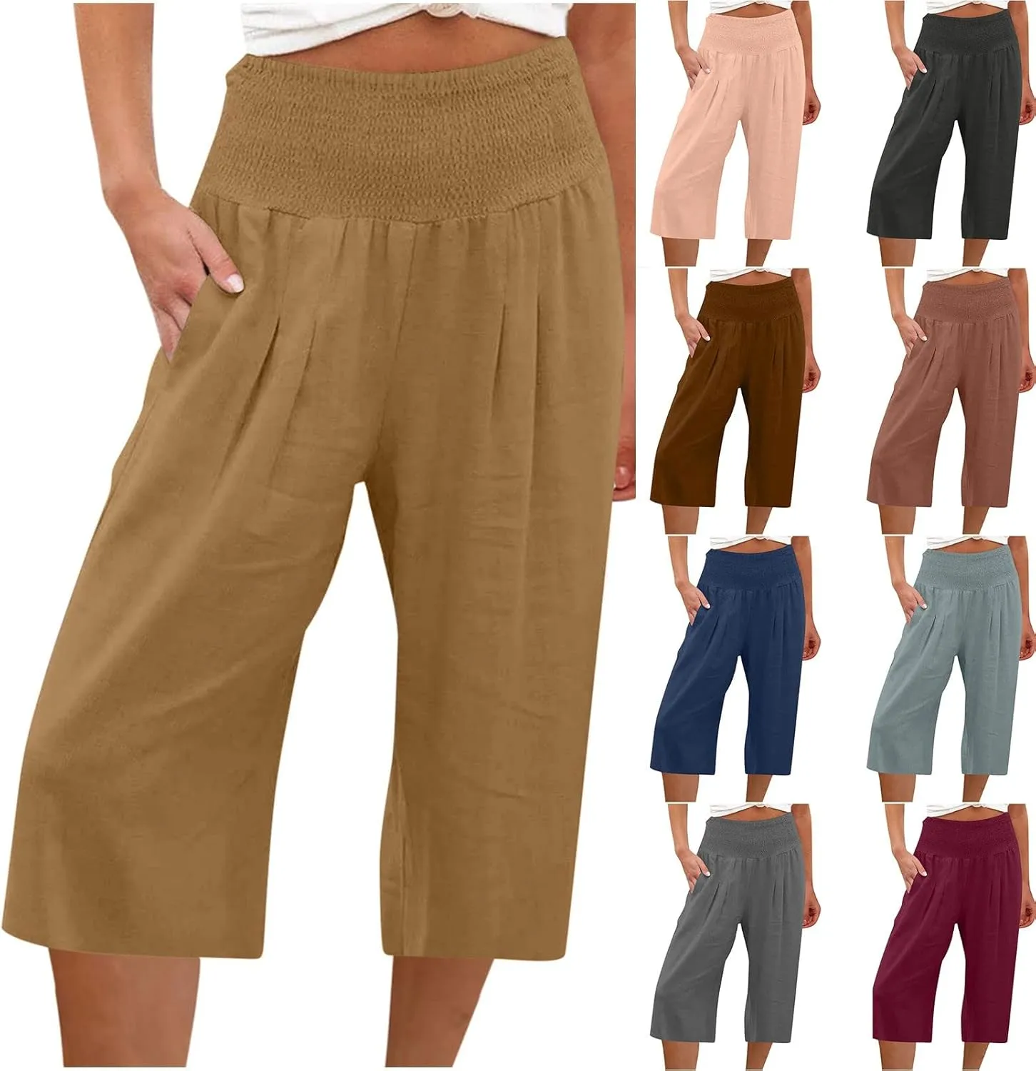 High Waisted Capri Pants for Women Casual Summer Wide Leg Cotton Linen Pant Beach Cropped Trousers Resort Wear