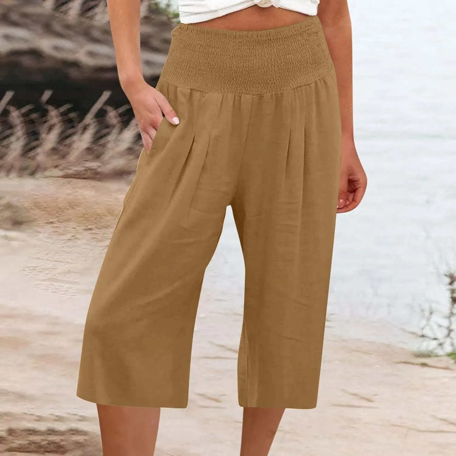 High Waisted Capri Pants for Women Casual Summer Wide Leg Cotton Linen Pant Beach Cropped Trousers Resort Wear