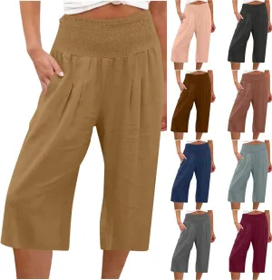 High Waisted Capri Pants for Women Casual Summer Wide Leg Cotton Linen Pant Beach Cropped Trousers Resort Wear
