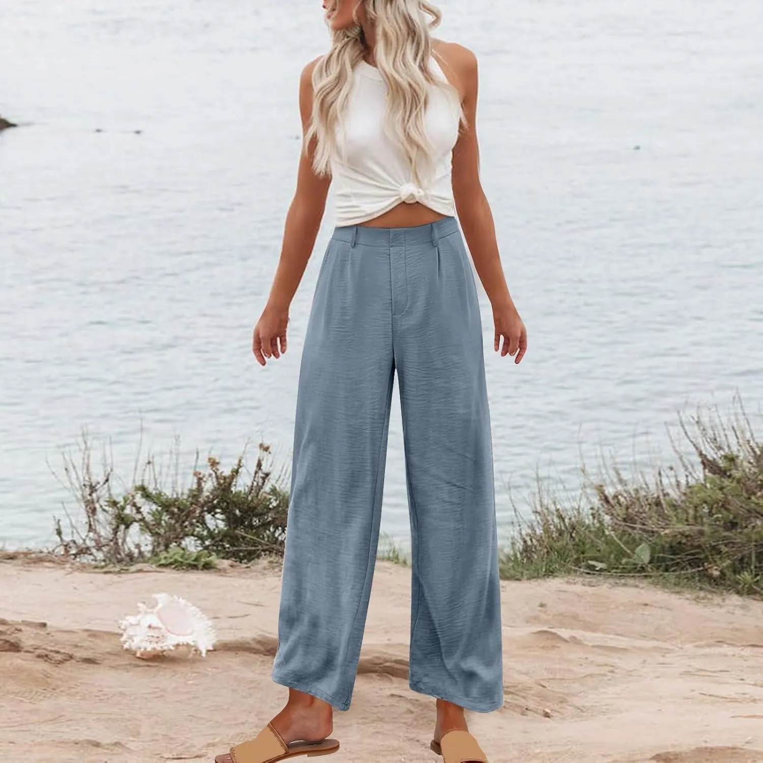hlysgo Women's Palazzo Pants 2025 Summer Casual Vacation High Waist Wide Leg Beach Trousers Trendy Lounge Pants with Pockets