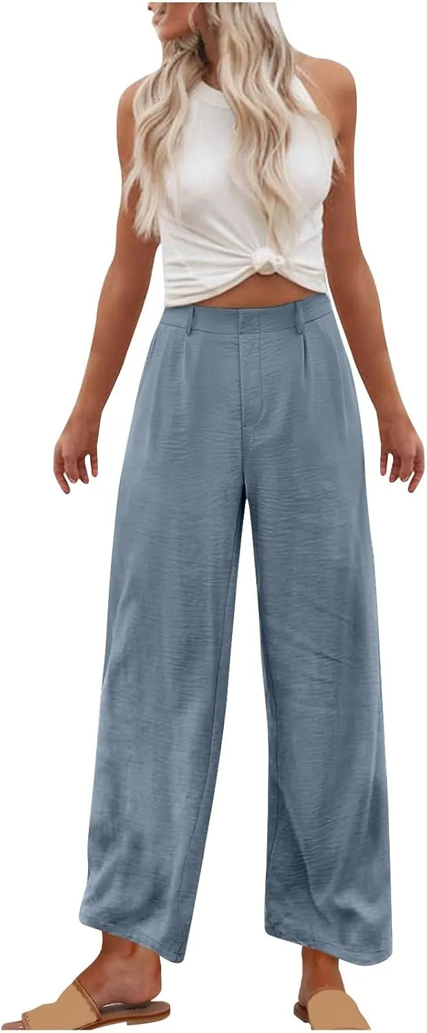 hlysgo Women's Palazzo Pants 2025 Summer Casual Vacation High Waist Wide Leg Beach Trousers Trendy Lounge Pants with Pockets