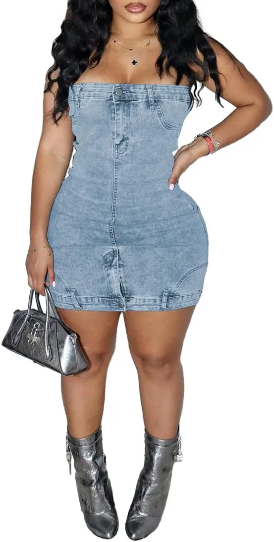 HTD Denim Dress for Women Sexy Strapless Mini Dress Casual Bodycon Tube Jean Dresses